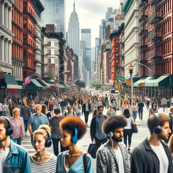 Photo of a bustling New York street with diverse pedestrians, many of whom are wearing Swift Pods headphones, showcasing the urban need for quality sound.