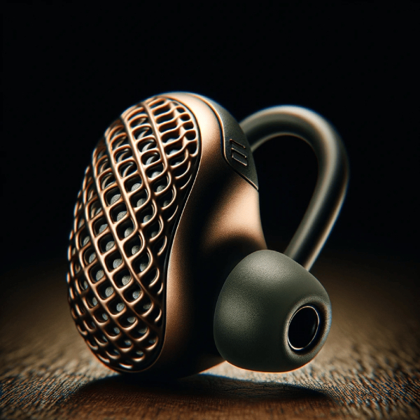 Photo of a close-up shot of Swift Pods headphones emphasizing its intricate design elements. The pod, which fits snugly into the ear, is the main focus, revealing its detailed craftsmanship.