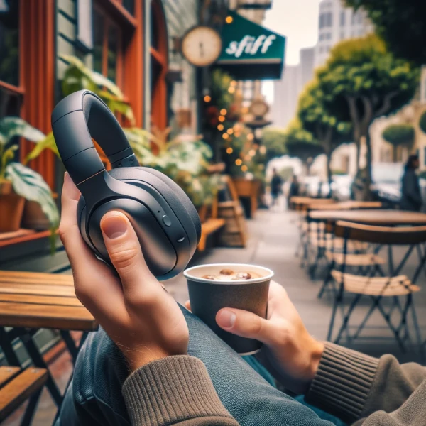 Photo of a serene corner in San Francisco, with a close-up of a person comfortably wearing Swift Pods headphones while enjoying a coffee outside.