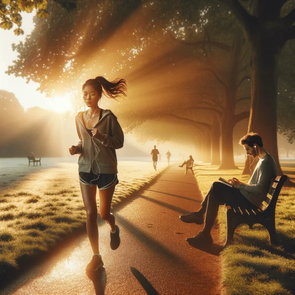 A park scene showcasing a young woman jogging and a man adjusting his TWS Bluetooth earbuds.