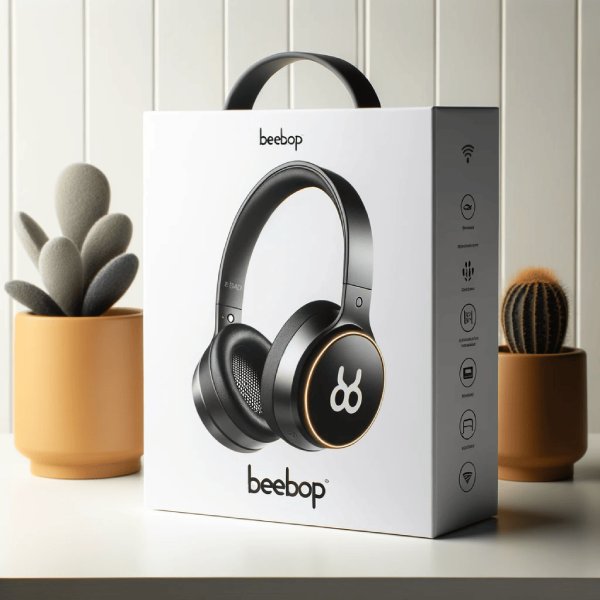 Photo of Beebop wireless headphones elegantly displayed against a white backdrop, showcasing its sleek design and brand logo