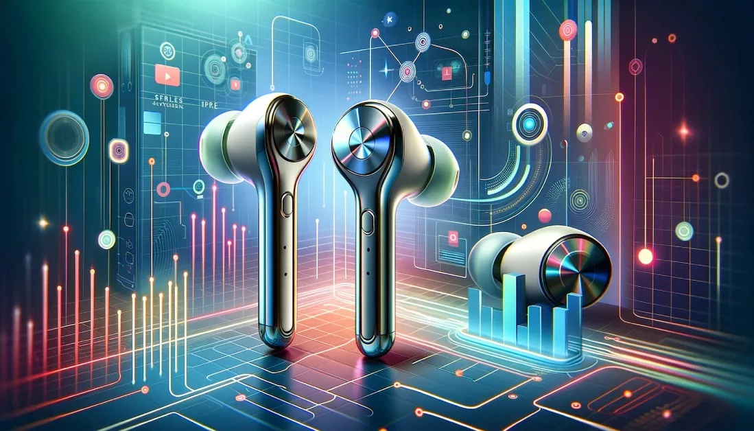 Featured image for a blog article about True Wireless Stereo Earbuds. The image should visually represent the concept of high-tech
