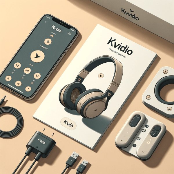 Illustration of Kvidio wireless headphones laid out on a table next to its user manual, charging cable, and the headphones' app interface displayed on a smartphone screen.