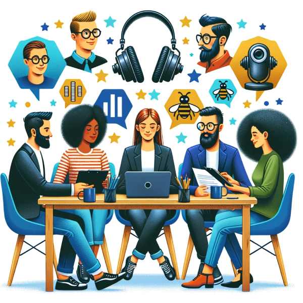 Illustration of a diverse group of professionals, including a music producer and tech reviewer, discussing and analyzing the Beebop headphones