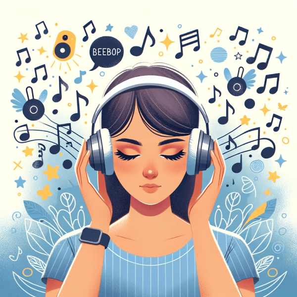 Illustration of a person of Hispanic descent, female, adjusting the headband of her Beebop headphones