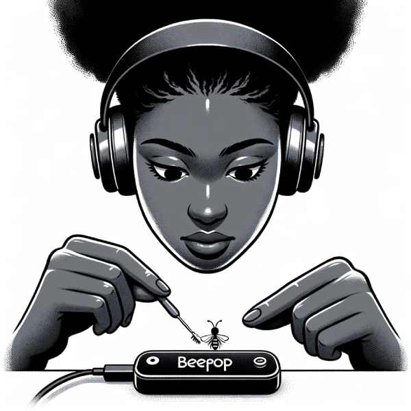 Illustration of a person of African female, inspecting the charging port of her Beebop headphones with a tiny brush