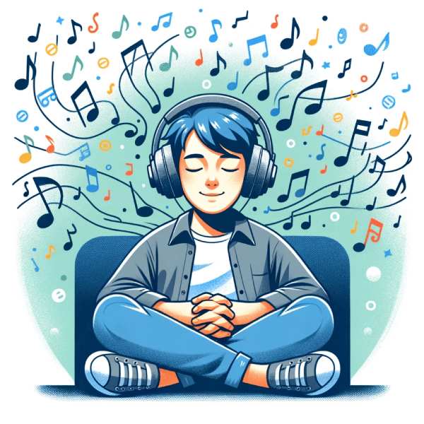 Illustration of a person of Asian descent, male, comfortably wearing Beebop wireless headphones, engrossed in music, with musical notes floating aroun