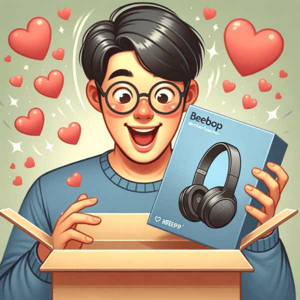 Illustration of a person of Asian descent, male, with an excited expression, unboxing the Beebop wireless headphones, with floating hearts around him