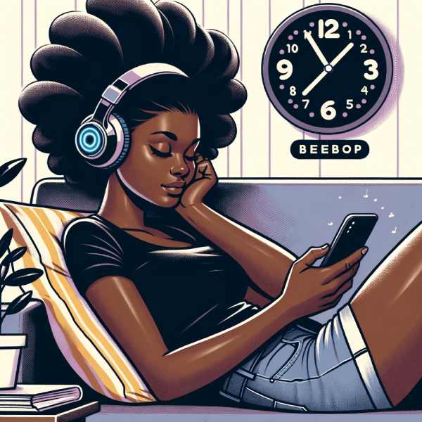 Illustration of a person of African descent, female, lounging on a couch, engrossed in music, wearing Beebop headphones, with a clock behind 