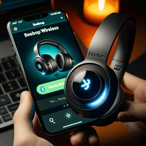Photo of Beebop headphones with an illuminated pairing light, with a smartphone in the background showing 'Beebop Wireless' on its Bluetooth Screen 