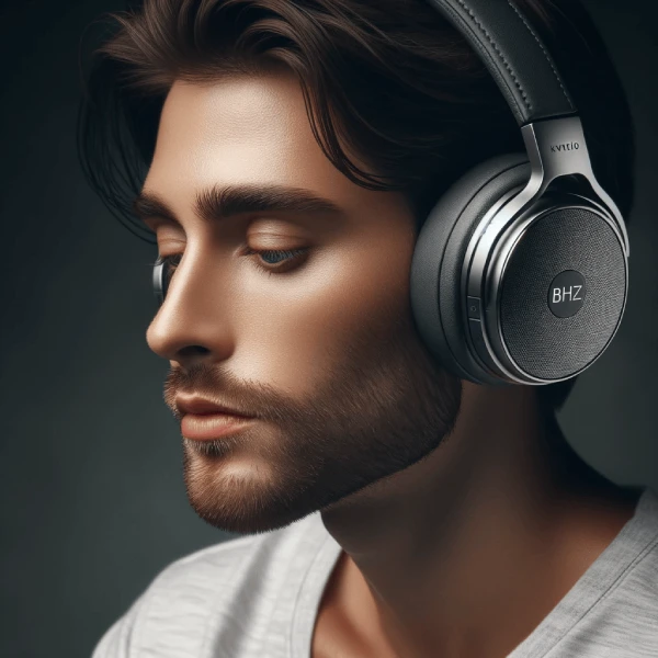 Photo of a person wearing Kvidio wireless headphones, immersed in music, with a serene look on their face.