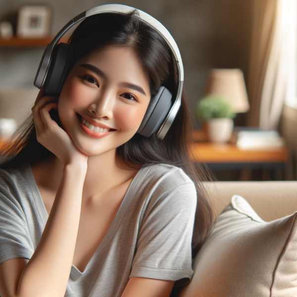 Photo of a satisfied user, Asian female, wearing Beebop wireless headphones while relaxing at home, emphasizing comfort and quality