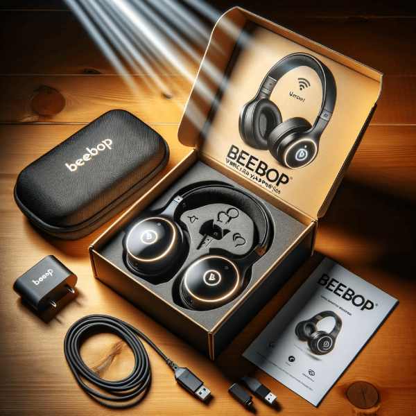 Photo of an open Beebop headphones box, revealing the headphones, charging cable, carry case, and user manual