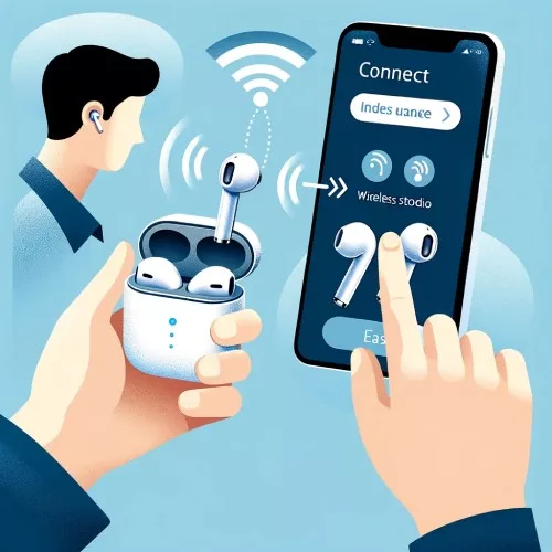 Illustration showing a person easily connecting True Wireless Stereo Earbuds to a smartphone.