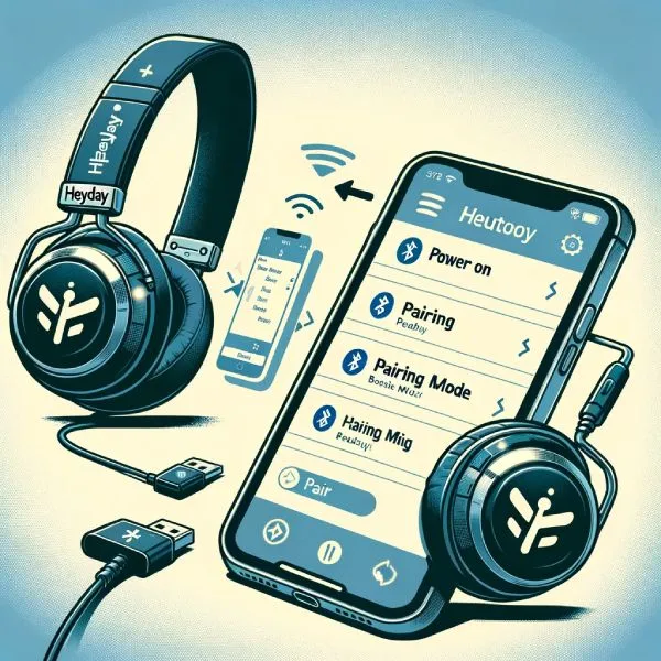 Illustration of Heyday Bluetooth headphones showing the power button, LED indicator for pairing mode.
